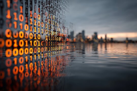 Futuristic cityscape with digital barriers symbolizing cybersecurity. Company safety measures. Cybersecurity efforts pay off: fewer attacks, less damage. Data protection steps.