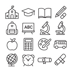 Collection of school and education icons isolated on white background