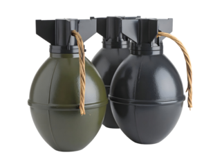 Three military hand grenades with distinct colors stand ready for action and defense.