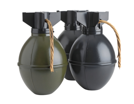 Three military hand grenades with distinct colors stand ready for action and defense.