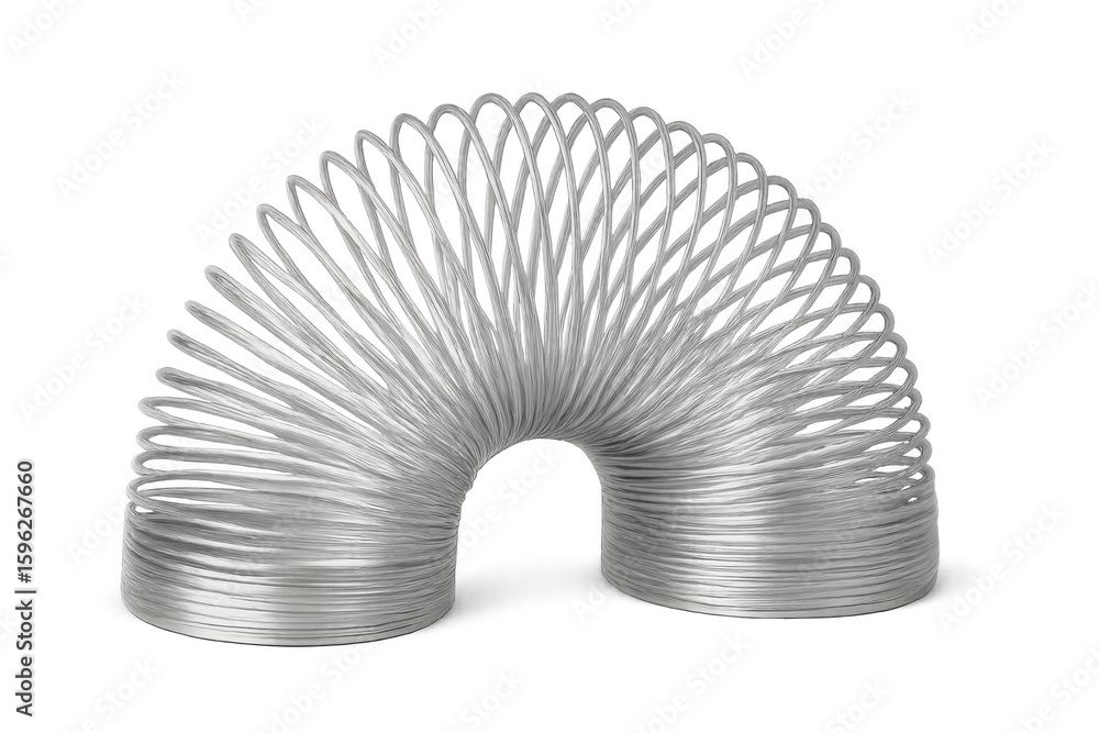Poster metallic spring toy curving dynamically against clear surface, embodying playful motion and imaginat