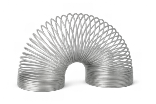 Metallic spring toy curving dynamically against clear surface, embodying playful motion and imaginative potential for interactive enjoyment