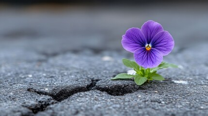 Purple flower sprouts from cracked asphalt