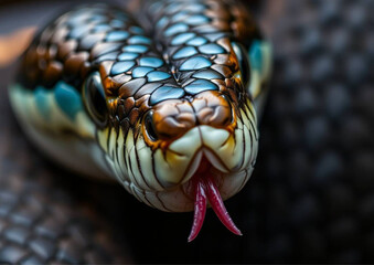 close up of a snake on a white background
