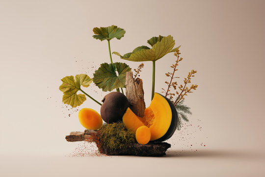 Isolated composition of pumpkin, carrot, beatroot and leaves placed in abstract geometry on light backdrop, editorial still life mood