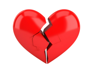 A vibrant red heart lies fractured, symbolizing deep emotional pain and separation.