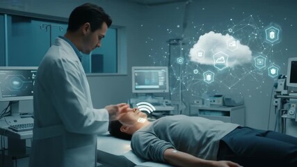 Doctor Examining Patient in Modern Hospital Room with Digital Cloud Interface - Powered by Adobe