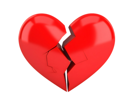 A vibrant red heart lies fractured, symbolizing deep emotional pain and separation.