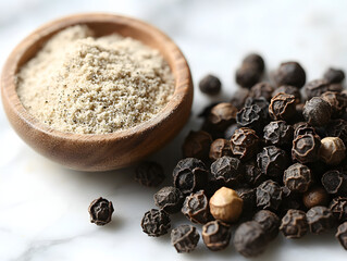 Close up of whole ad ground black peppercorns on white background