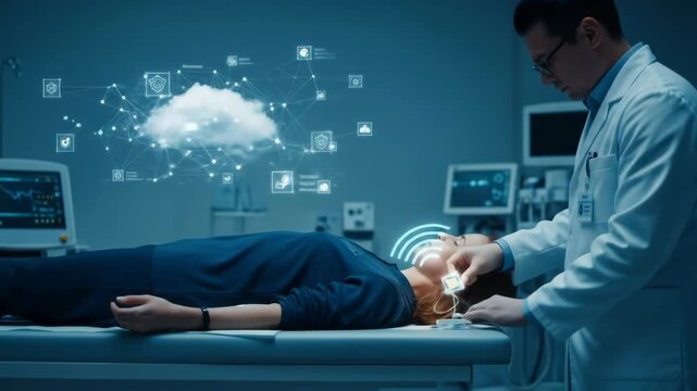 Doctor Examining Patient with Digital Overlay in Hospital Room