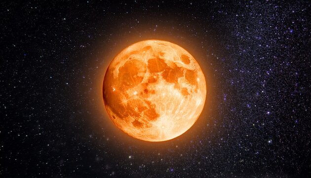full orange supermoon halo glowing surrounded by stars on black night sky background