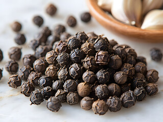 Black peppercorns on white floor