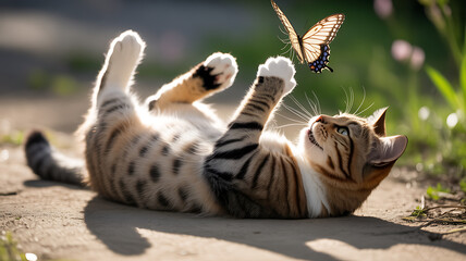 Obraz premium A playful tabby cat rolls on its back, gazing up at a butterfly in a sunny outdoor setting.