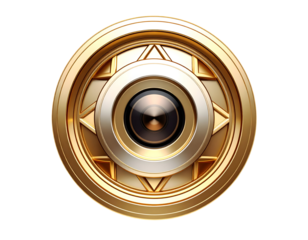 Gleaming golden circular design with precise geometric details and a prominent central lens.