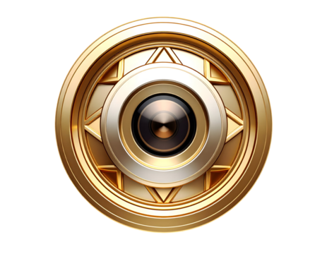 Gleaming golden circular design with precise geometric details and a prominent central lens.