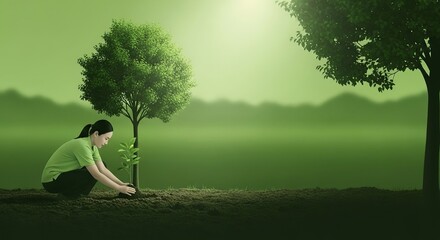 A young woman plants trees in a park for sustainable development for environmental conservation with a green theme. generated ai