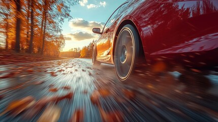 Red car moving fast on a wet autumn road