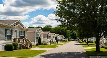 Mobile Home Park on a Sunny Day paved street lined with light beige mobile homes park like setting mobile homes manufactured homes park model homes mobile