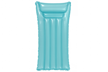 Blue inflatable pool raft floating on clear background, representing summer relaxation and recreational water leisure