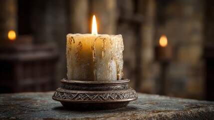 A single cream-colored votive candle with flickering flame, mounted on aged bronze base, stone background, medieval chapel style, wax drips visible, warm glow