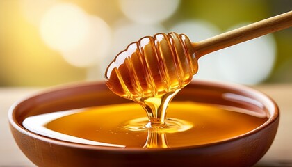 liquid gold honey thick golden honey dripping slowly from a dipper close up shot with blurred background