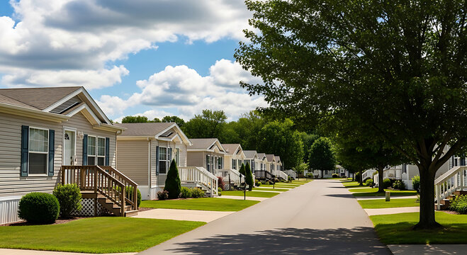 Mobile Home Park on a Sunny Day paved street lined with light beige mobile homes park like setting mobile homes manufactured homes park model homes mobile