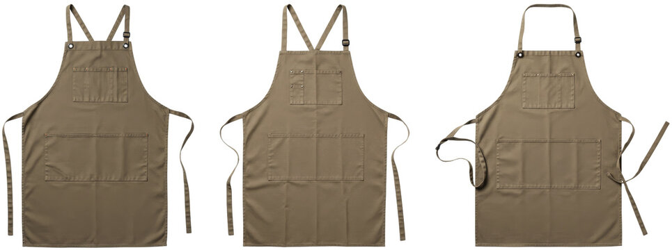 Brown cooking aprons displayed from multiple angles on transparent background  