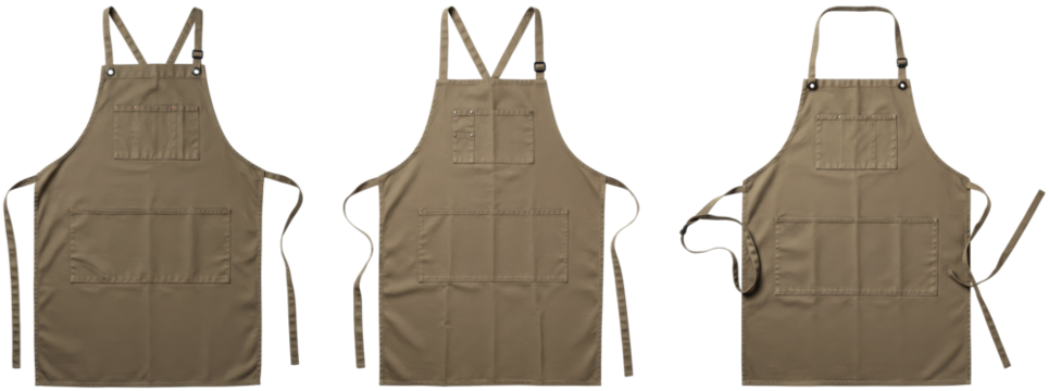 Brown cooking aprons displayed from multiple angles on transparent background  