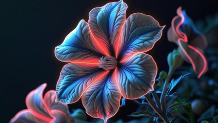 A glowing petunia flower with radiant red outlines and shimmering blue veins. Set against a deep, moody background, the image evokes a surreal and futuristic botanical theme.

