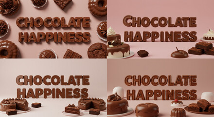 Chocolate happiness displayed with various desserts on pastel background  