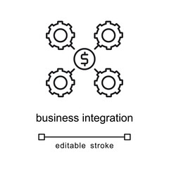 Business integration icon showing four gears encircling a dollar sign symbolizing synergy. Suitable for financial and business concepts illustrations.