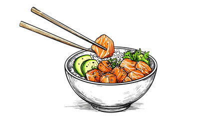 A sketch of a half colorful poke bowl, featuring salmon, avocado, rice, and greens, with chopsticks picking up a piece of fish