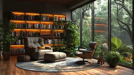 Fototapeta premium Cozy reading nook with bright window view and integrated shelving offers quiet relaxation marketing.