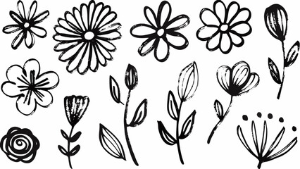 "Hand-Drawn Floral Vector Elements – Black and White Botanical Doodles for Decorative and Artistic Design Projects