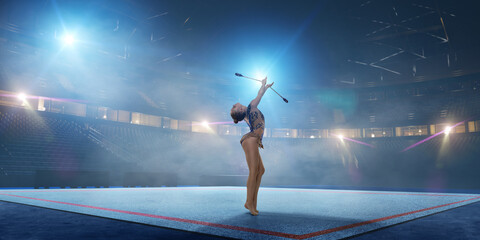 Rhythmic gymnastic girl on professional 3-d gymnastic stadium in night. 