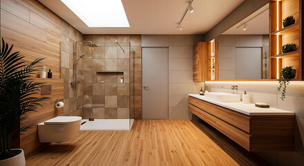 Fototapeta premium Modern Bathroom with Light Wood Cabinets and Tile Shower Spacious bathroom featuring light wood vanity tiled shower wood look floor bathroom modern shower vanity tile wood