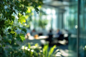 Naklejka premium Modern indoor workspace with abundant greenery, wooden tables, and laptops under natural light in a co-working café environment. Serene, productive, and eco-friendly nature with contemporary design.