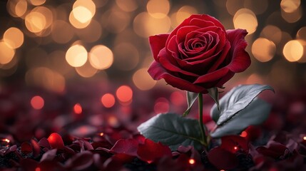 Red rose on a bed of petals, bokeh