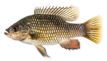 A single tilapia fish, scales detailed, swims to the left against a white background, displaying its fins and coloration.