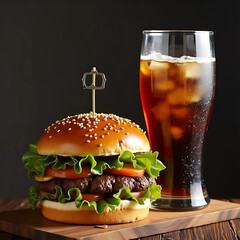 Classic beef burger with fresh vegetables and soda on wooden board, close-up