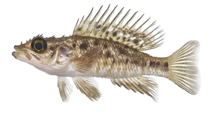 Illustration of a brown rockfish, showcasing its spiky dorsal fin, mottled pattern, and large eyes against a white background.