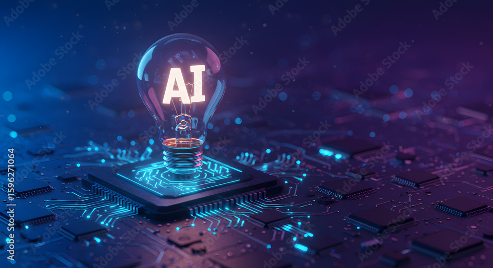 Poster a glowing lightbulb with ai inside resting on a circuit board with blue neon lights around it all on