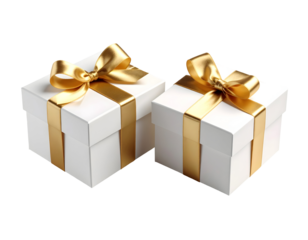 Pair of pristine white gift boxes intricately tied with radiant golden bows for any joyous event.