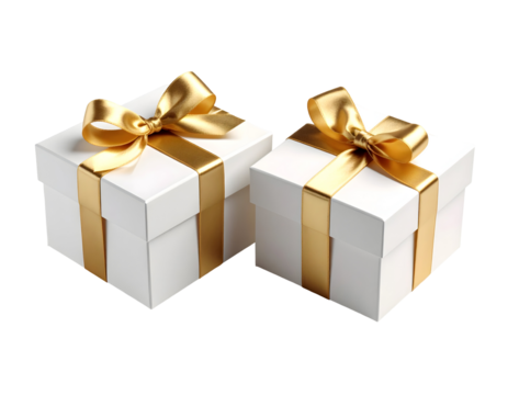 Pair of pristine white gift boxes intricately tied with radiant golden bows for any joyous event.