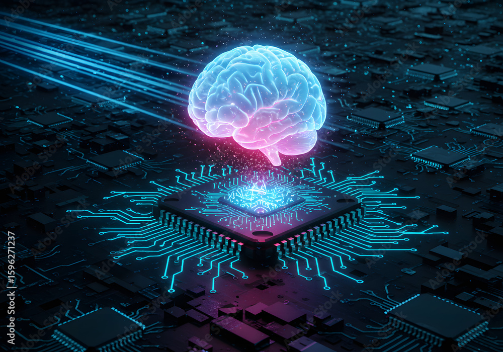 Poster glowing brain above a microchip with blue and pink light on a dark circuit board background design