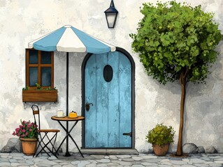 Charming Outdoor Cafe Scene with Blue Door and Umbrella Table in Quaint Atmosphere