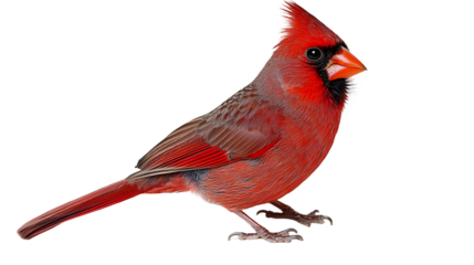 A vibrant male Northern Cardinal bird stands in profile, showcasing its bright red plumage, crest, and distinctive orange beak against a white background.