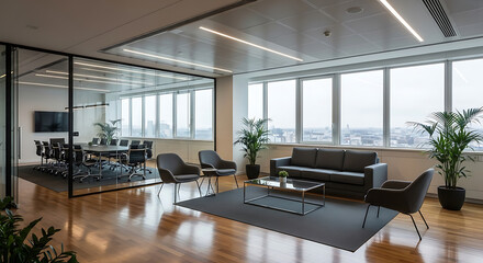 Modern Office Waiting Area with City View Featuring Sleek Furniture Wood Floors and a Glass Walled Conference Room