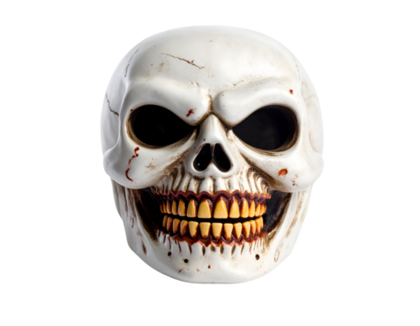 An eerie white skull mask with empty dark eye sockets and gruesome decaying teeth for a terrifying Halloween theme.