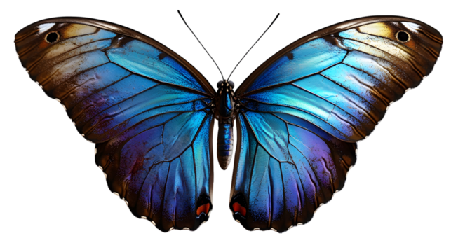 A vibrantly colored blue Morpho butterfly with open wings, showcasing intricate patterns and iridescent details against a white background.